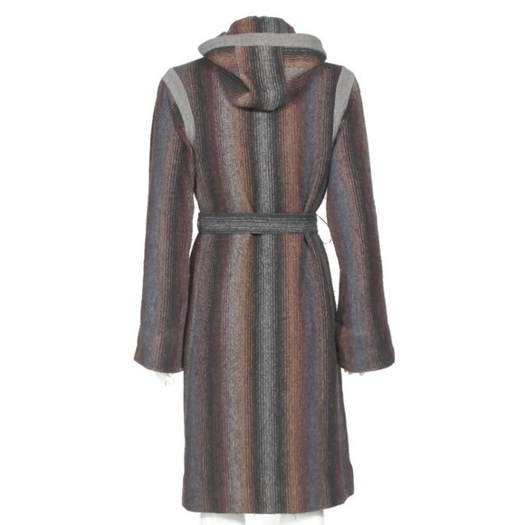 Vintage 1980s Hooded Coat Toggle Ombre Striped Wool Belted Jacket Coat sz M /912 - Picture 5 of 10